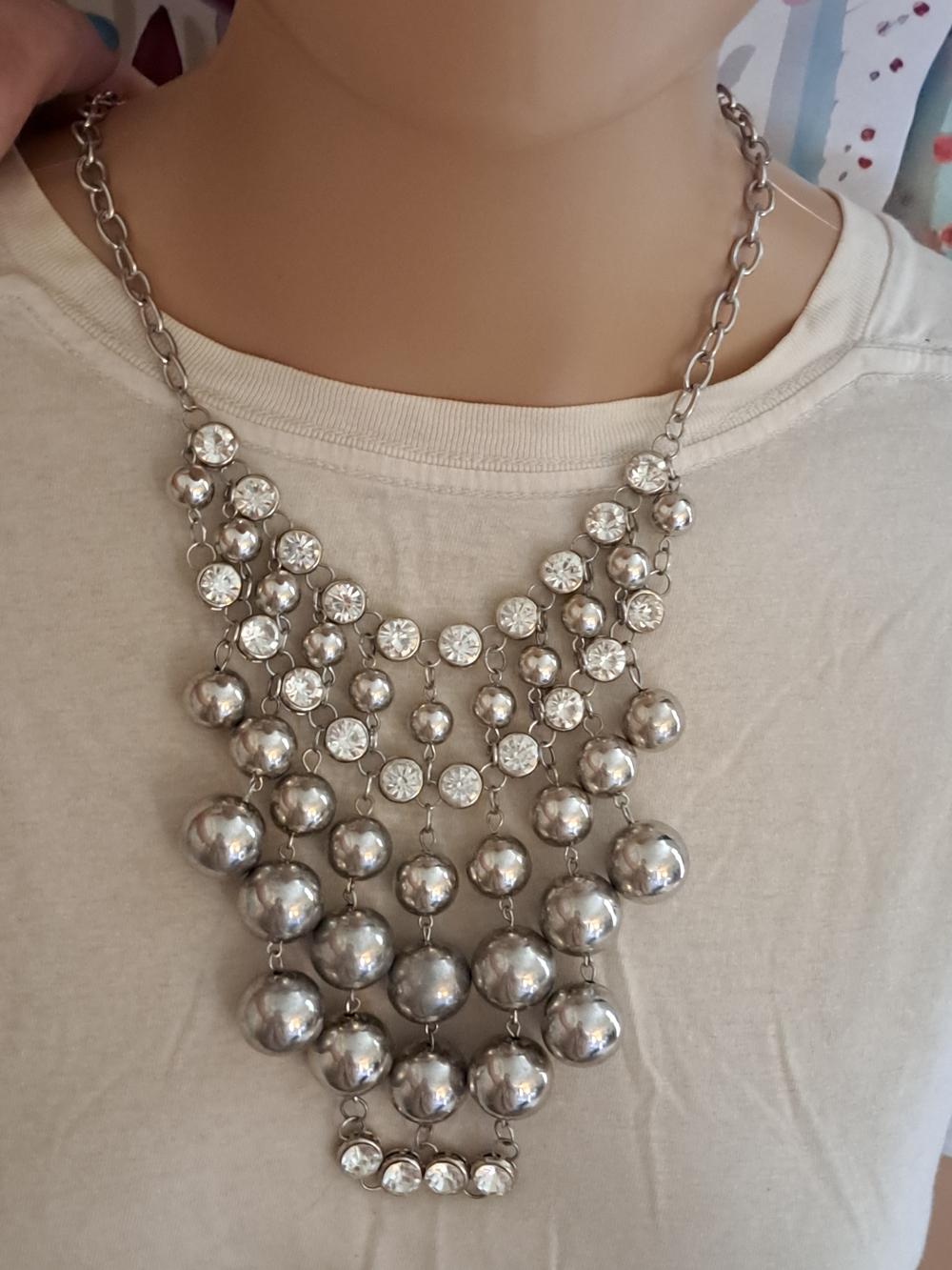 Ashley Stewart Silver-Tone Bib Necklace And Earring Set with Clear Crystal Drops